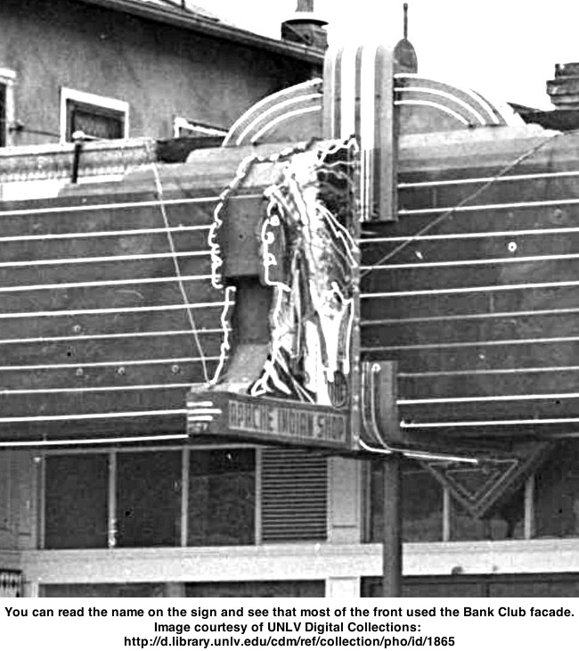 Closeup of the sign for the Apache Indian Shop 
Image courtesy of UNLV Digital Collections. Click to see the original photo